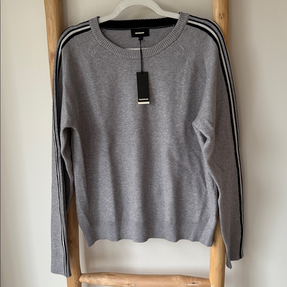 NEW Monrow Set Soft Knit Cozy Gray Luxury Lounge Jogger Sweater Sporty Stripe L - Picture 7 of 16